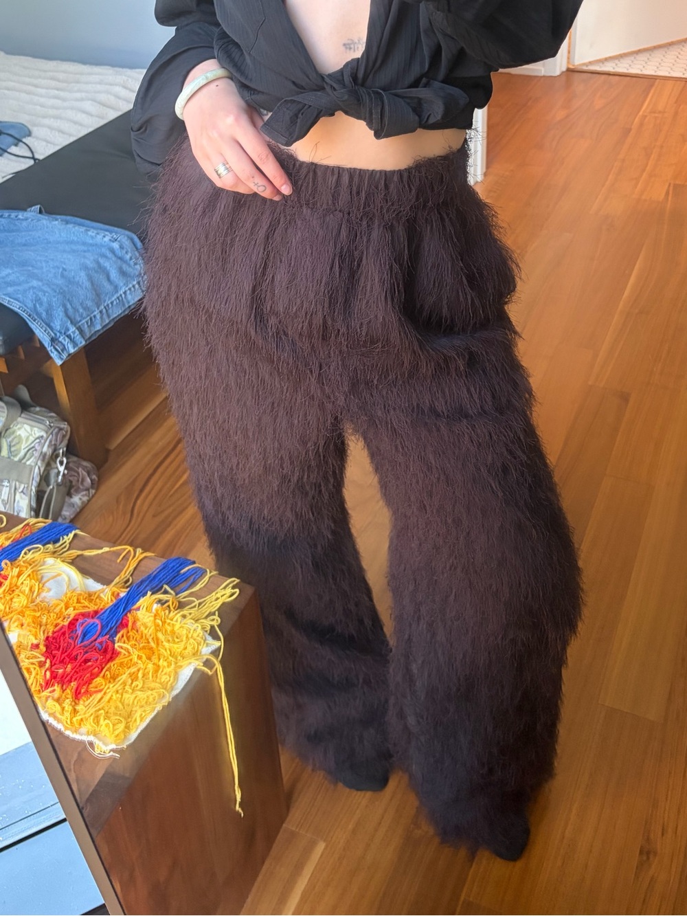 The Frankie Shop Baxter Dark Brown Faux-Fur Wide Leg Pants
